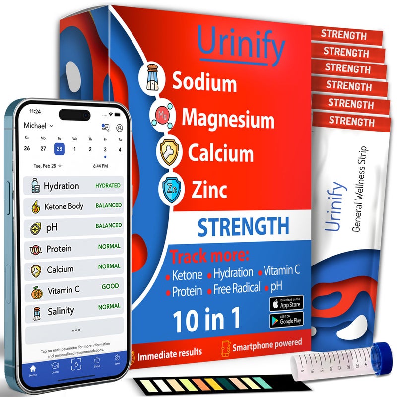 [URINIFY Strength] شرائط اختبار البول وتطبيق الهاتف المحمول لاختبار الكيتو، اختبار الترطيب، اختبار الأيض، pH، فيتامين C، شرائط تحليل البول...